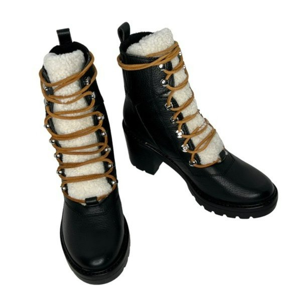 Marc Fisher Black Denise Leather Sheep Fur Combat Moto Ankle Boots Size 7.5M - Picture 5 of 16